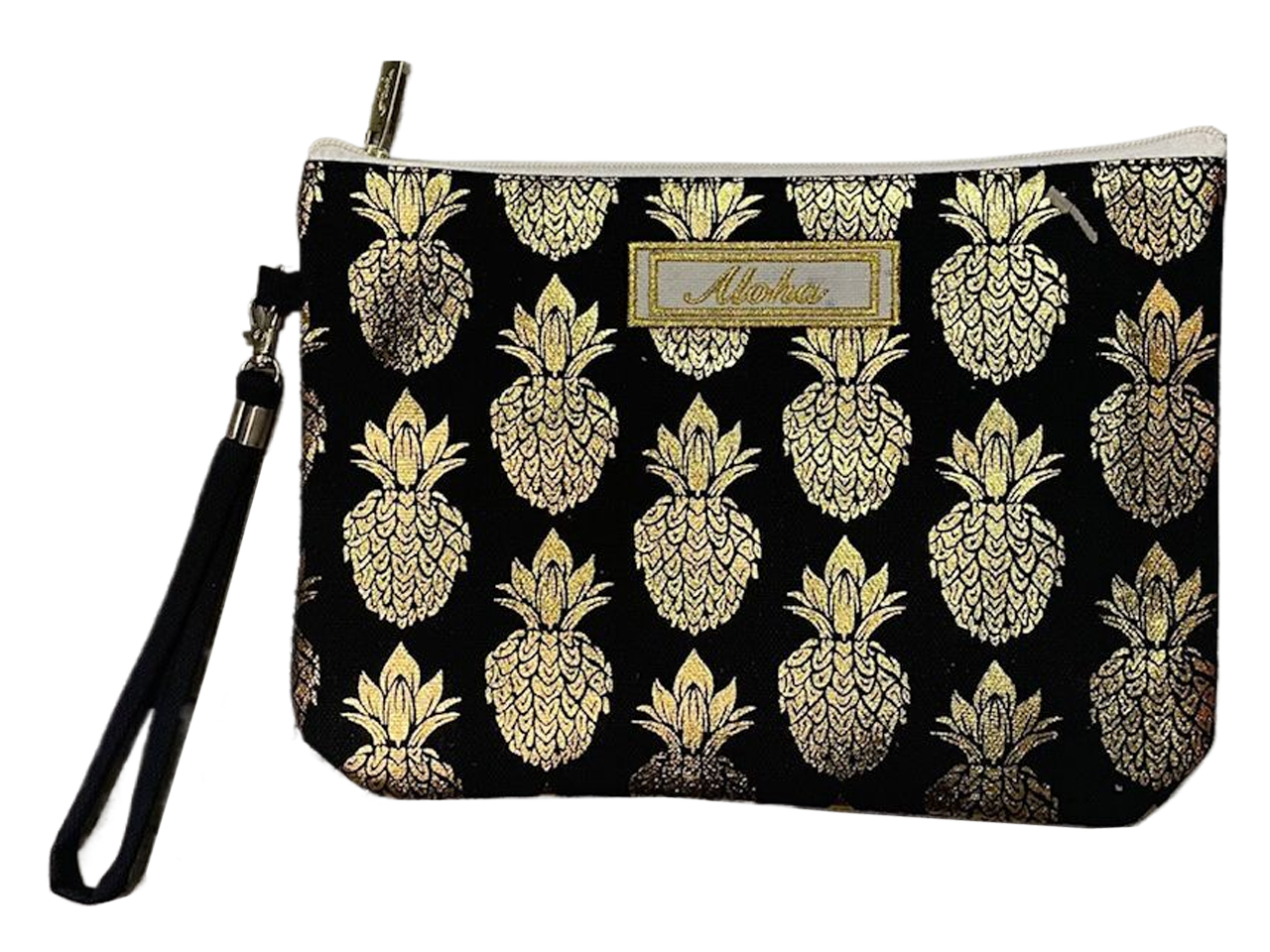 Aloha Golden Pineapple Black Wristlet w/ Strap 10.5x7.5", MOQ-6 - Click Image to Close